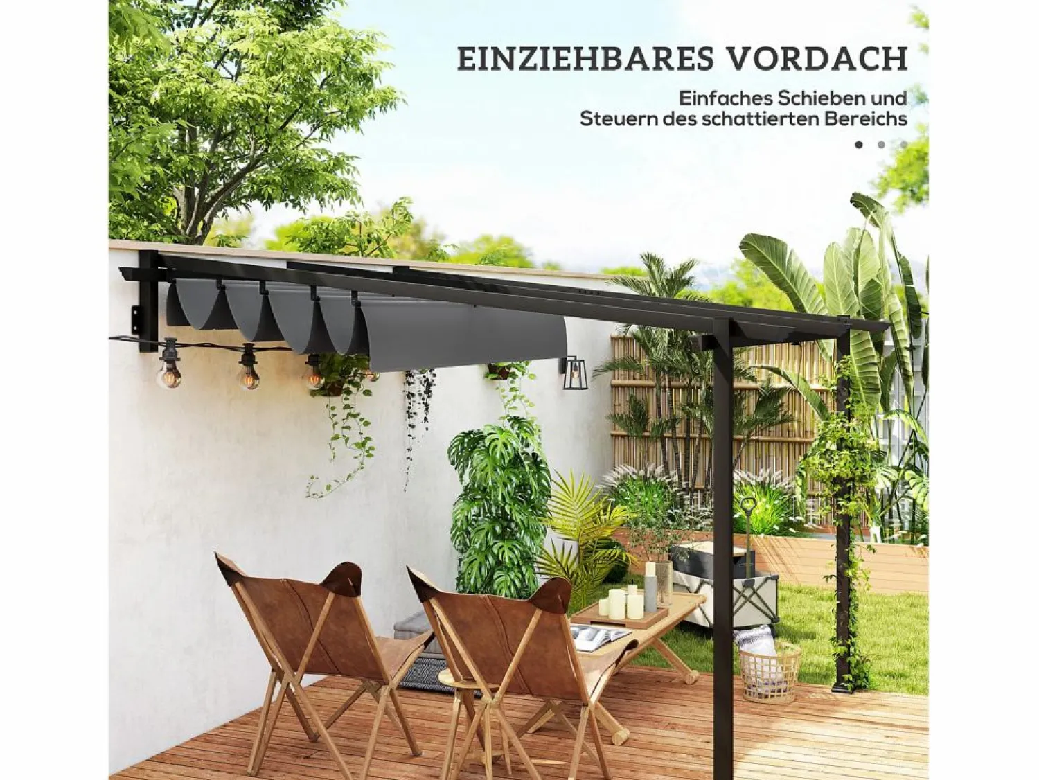 Pérgola adosada con techo retráctil, estructura de acero y poliéster, color oscuro (297x297x230cm)