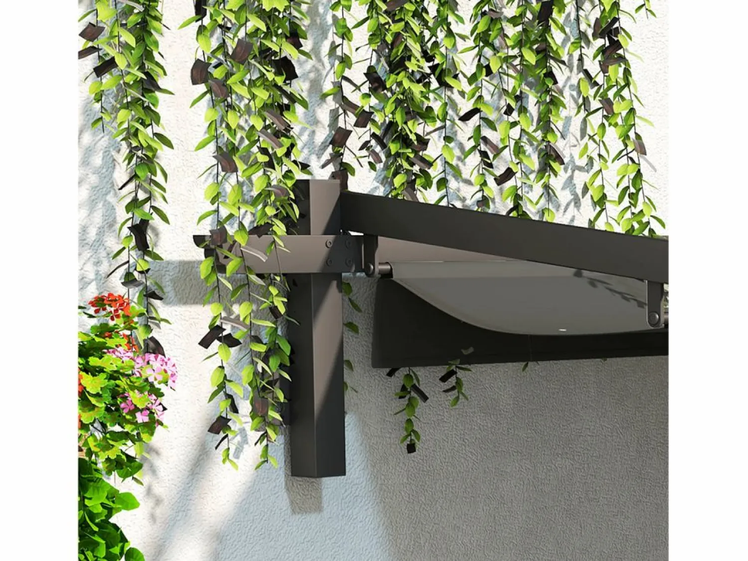 Pérgola adosada con techo retráctil, estructura de acero y poliéster, color oscuro (297x297x230cm)