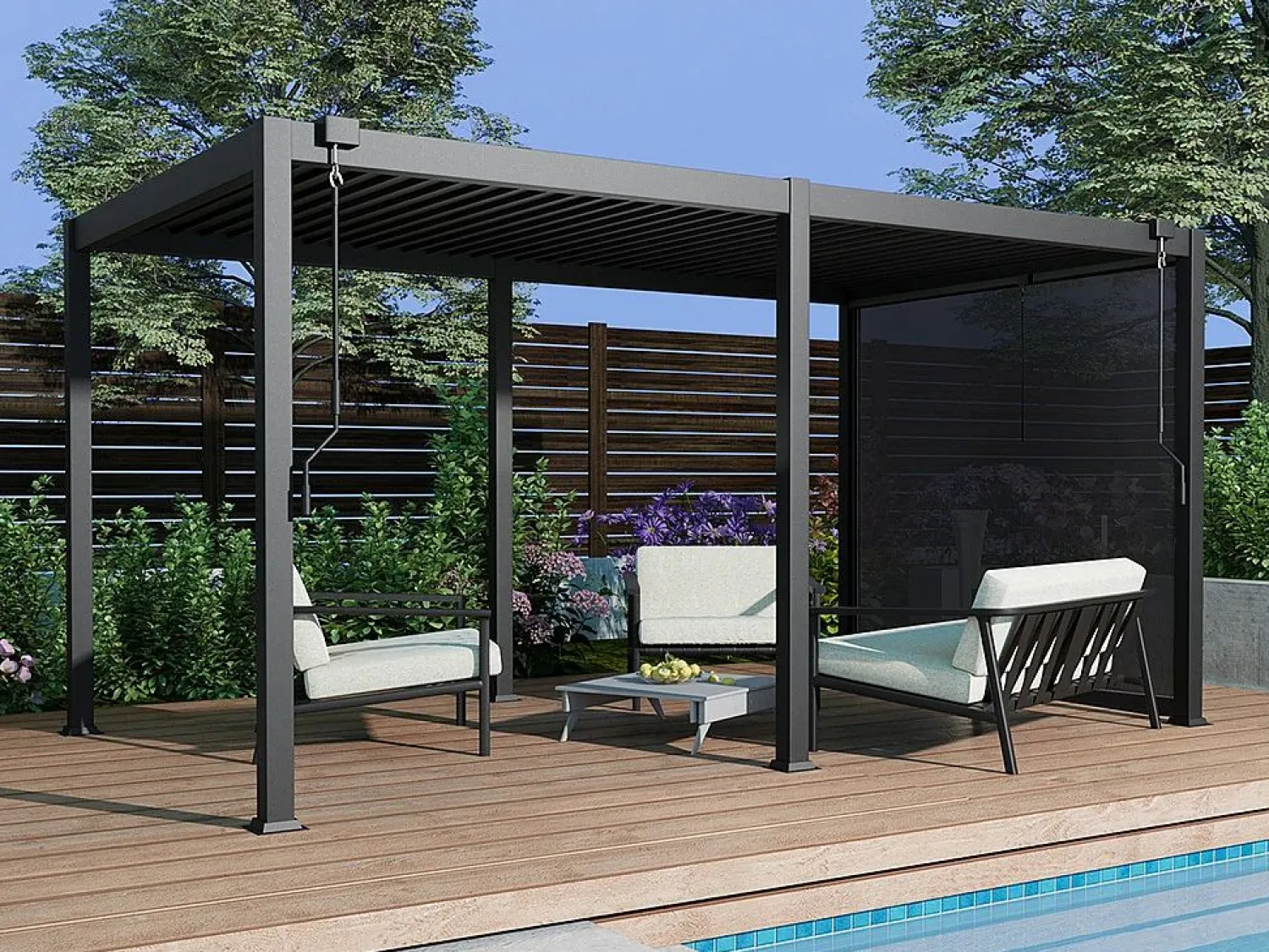 Hot EXPERTLAND Pérgola bioclimática aluminio 15m² cortina retráctil An.300 cm - Antracita - ALMAFI Gris antracita