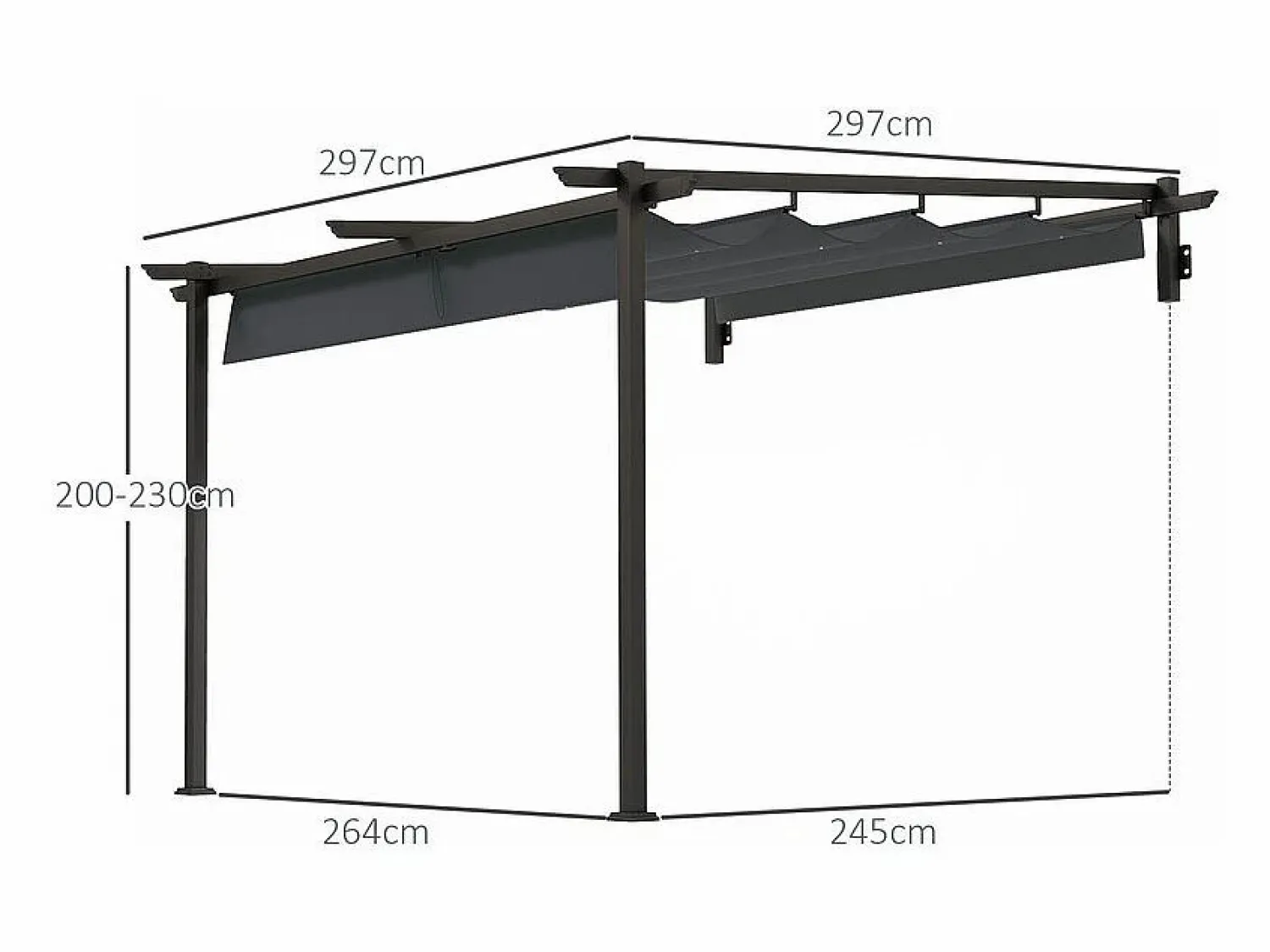Clearance DripeX Pérgola mural 297 x 297 x 200/230H cm, con lona corrediza retráctil, estructura de aluminio, Gris Gris antracita