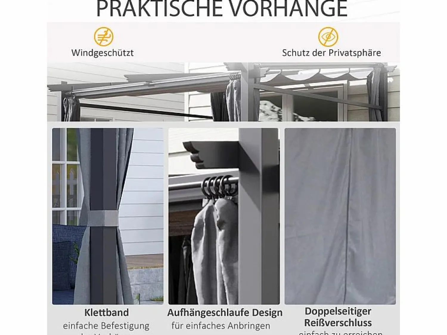 Outlet DripeX Pérgola retráctil en metal 2.97L x 2.95B x 1,95-2.3H m, con 4 cortinas, Gris Gris antracita