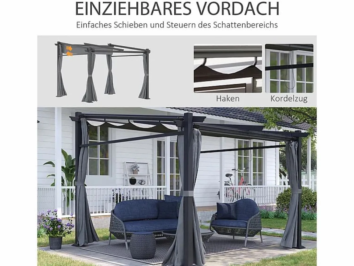 Outlet DripeX Pérgola retráctil en metal 2.97L x 2.95B x 1,95-2.3H m, con 4 cortinas, Gris Gris antracita