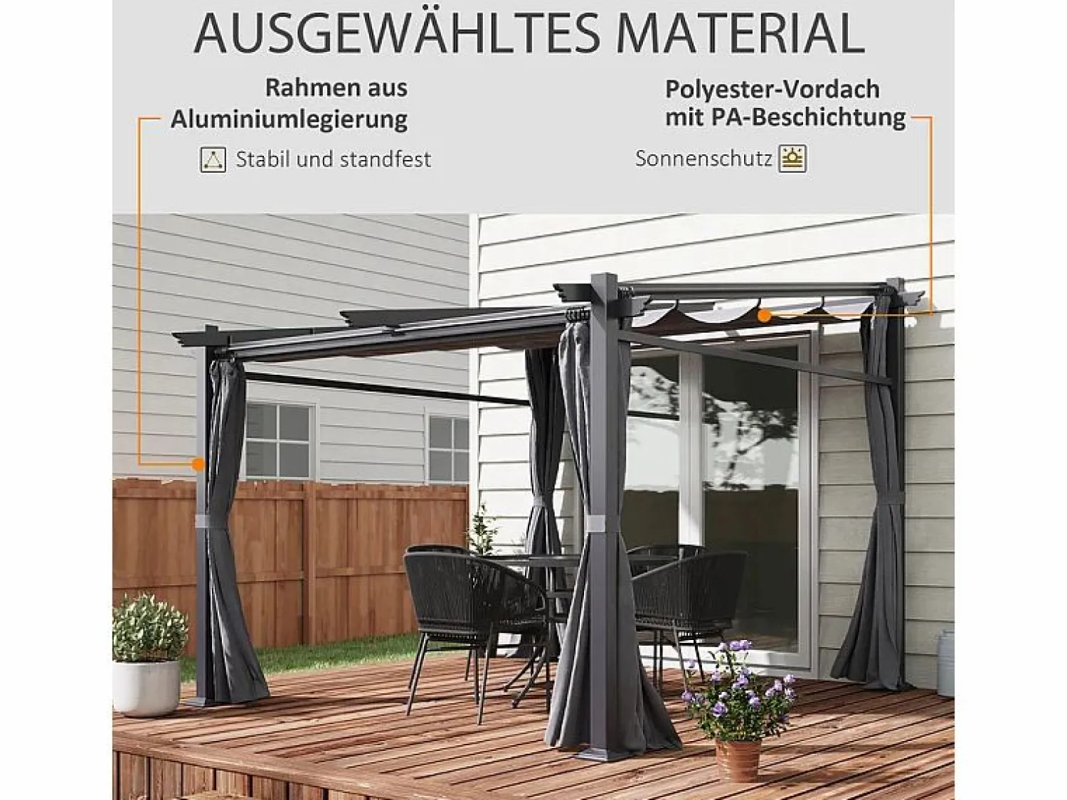 Outlet DripeX Pérgola retráctil en metal 2.97L x 2.95B x 1,95-2.3H m, con 4 cortinas, Gris Gris antracita
