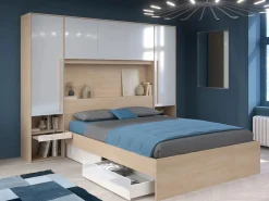 Online Vente-unique Puente de cama con almacenamiento y LEDs L265 cm color blanco brillante y natural - VELONA Color natural claro / Blanco