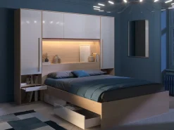 Online Vente-unique Puente de cama con almacenamiento y LEDs L265 cm color blanco brillante y natural - VELONA Color natural claro / Blanco