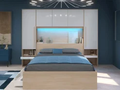 Online Vente-unique Puente de cama con almacenamiento y LEDs L265 cm color blanco brillante y natural - VELONA Color natural claro / Blanco