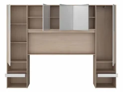Online Vente-unique Puente de cama con almacenamiento y LEDs L265 cm color blanco brillante y natural - VELONA Color natural claro / Blanco