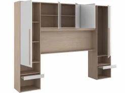 Online Vente-unique Puente de cama con almacenamiento y LEDs L265 cm color blanco brillante y natural - VELONA Color natural claro / Blanco