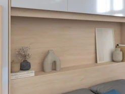 Online Vente-unique Puente de cama con almacenamiento y LEDs L265 cm color blanco brillante y natural - VELONA Color natural claro / Blanco