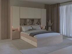 Vente-unique Puente de cama con almacenamiento con LEDs - An. 266 cm y natural - DOMELITO