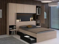 Outlet Puente de cama con compartimentos y LEDs L265 cm color natural y negro - VELONA Cabecero Y Puente De Cama