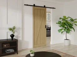 Vente-unique Puerta corredera con riel de madera MDF natural claro rústico - H205 x L63 cm - BALERMA Color natural claro