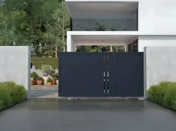 Sale Puerta corredera de aluminio semi-calada L421 x H180 cm antracita - TOROMA Portón