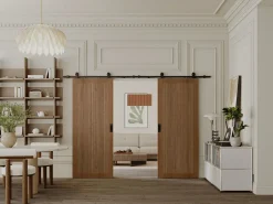 Vente-unique Puerta corredera doble con riel de MDF y madera natural oscura - 2 x Alt. 205 x L83 cm - SANDORA