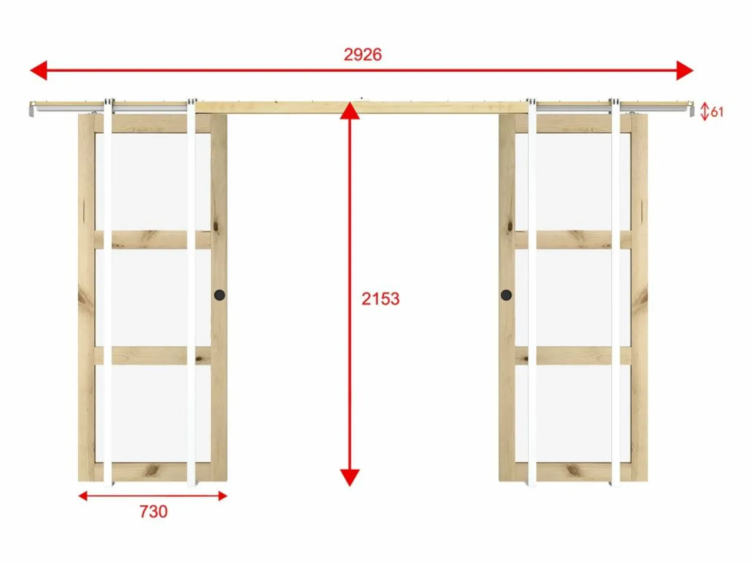 Hot Puerta corredera doble sistema de empotrado 3 ventanas 2 x L73 cm Vidrio templado ACOSTA II Puerta Corredera