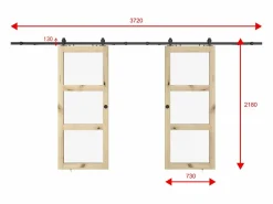 Vente-unique Puerta corredera doble vista con riel, 2 x Alt. 205 x L73 cm, Vidrio templado, ACOSTA II