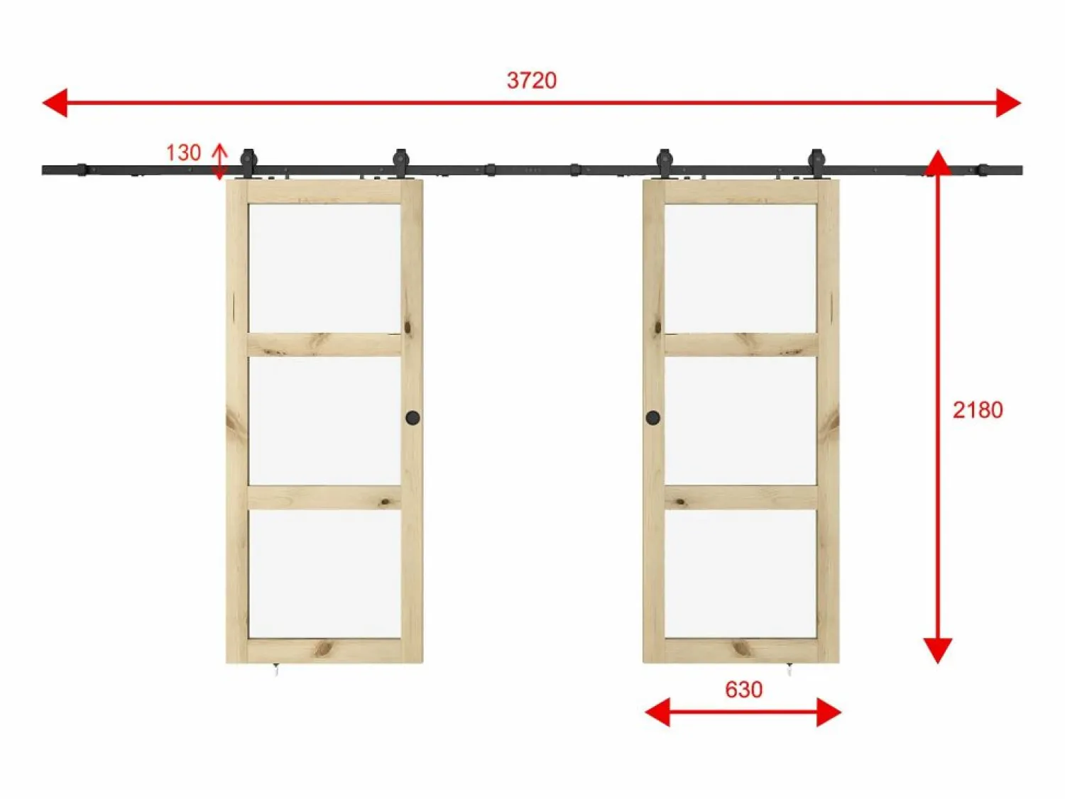 Vente-unique Puerta corredera doble vista con riel, 2 x Alt. 205 x L63 cm, Vidrio templado, ACOSTA II Color natural claro
