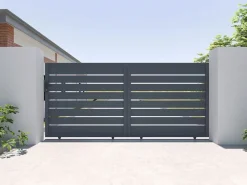 Discount EXPERTLAND Puerta corredera eléctrica de aluminio perforado L374 x H165 cm antracita PRIMO Gris antracita