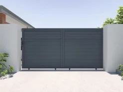 Online Puerta corredera eléctrica de aluminio con lamas L374 x H180 cm antracita - VIAZO Portón