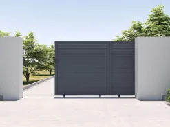 Online Puerta corredera eléctrica de aluminio con lamas L374 x H180 cm antracita - VIAZO Portón