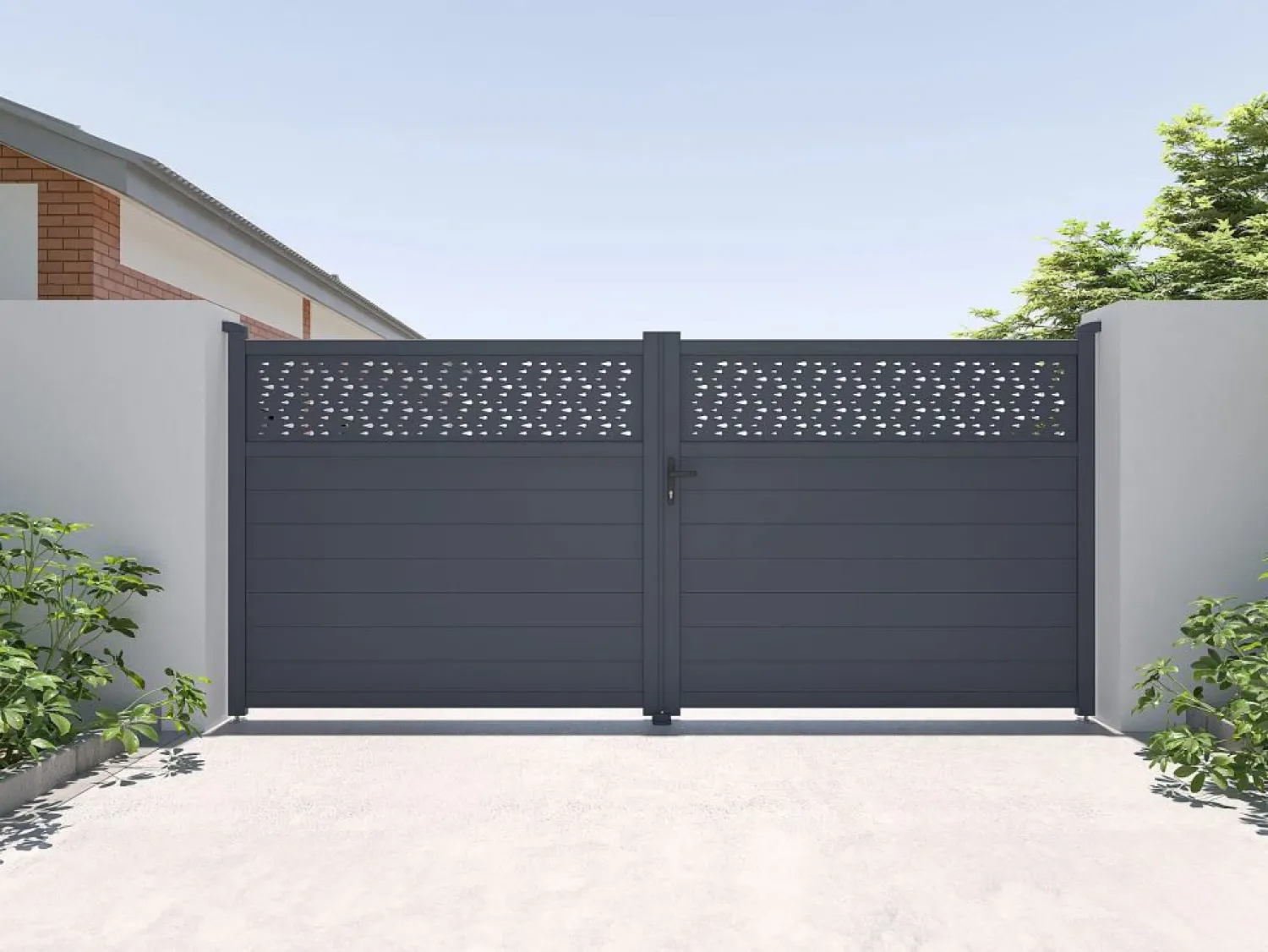 EXPERTLAND Puerta corredera eléctrica de aluminio semiperforada L397 x H181 cm antracita - BAZIO