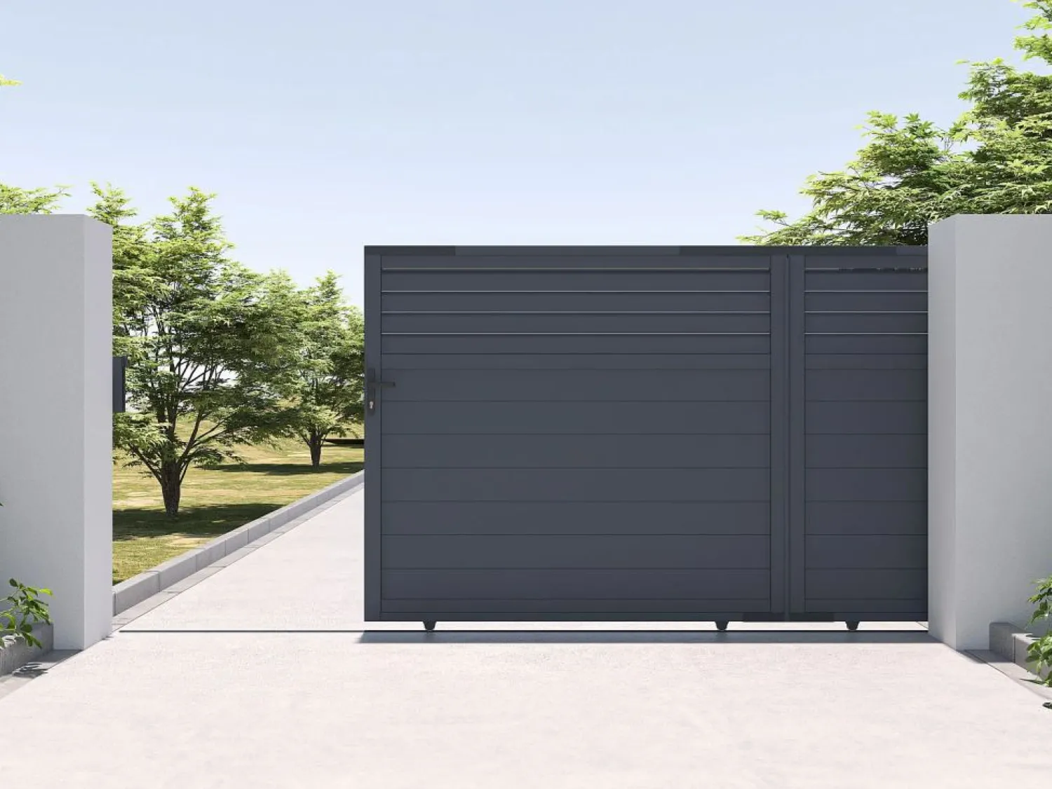 Clearance Puerta corredera eléctrica de aluminio con lamas L416 x H180 cm antracita - VIAZO Portón