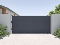 Clearance Puerta corredera eléctrica de aluminio con lamas L416 x H180 cm antracita - VIAZO Portón