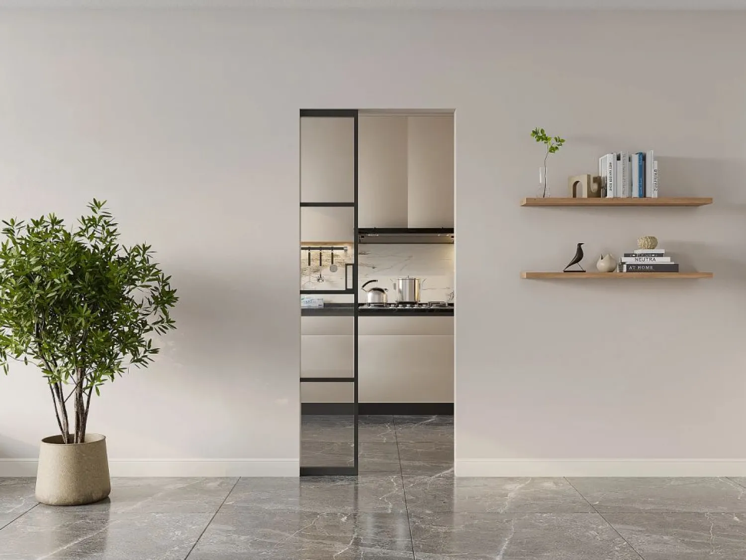 Discount Vente-unique Puerta corredera empotrable aluminio y vidrio transparente - Alt. 205 x L63 cm - SINCA II Negro