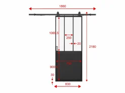 Clearance Vente-unique Puerta corredera estilo taller con aplicación en riel, Alt. 205 x Ancho 83 cm, vidrio transparente, ARTISTO II Negro