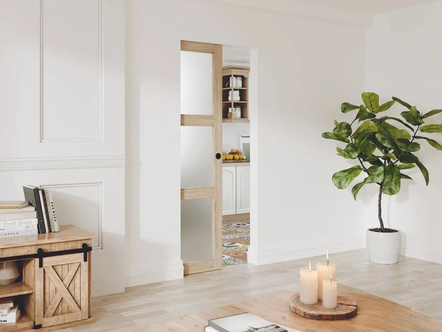 Vente-unique Puerta corredera sistema de empotrado con 3 ventanas, L63 cm, Vidrio esmerilado, ACOSTA II