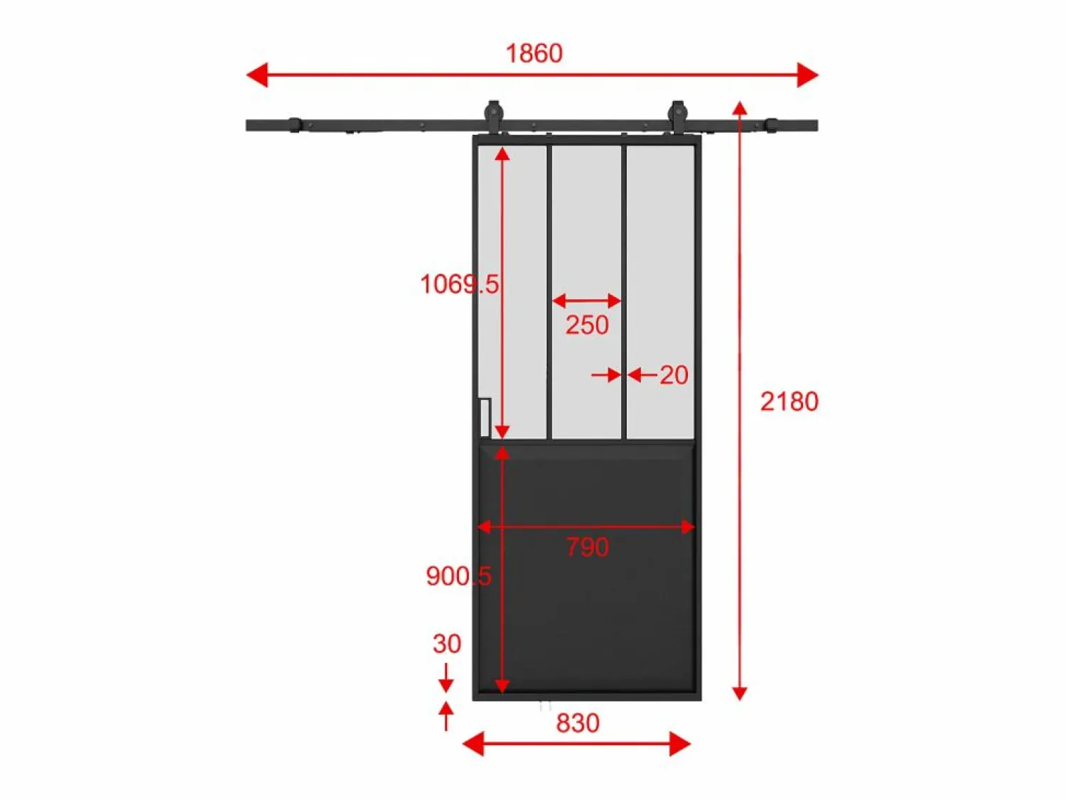 Online Vente-unique Puerta corredera tipo taller con riel, MDF y cristal templado esmerilado, Alt. 205 x Ancho 83 cm, ARTISTO II Negro