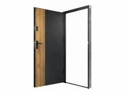 Best Vente-unique Puerta de entrada de acero Alt. 207 x L100 cm - Negro y madera - apertura derecha - MABENA Color natural claro