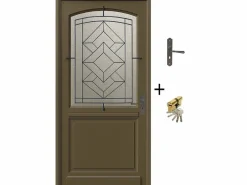 Puerta de entrada de madera acristalada, Elsie, Verde RAL7002, Al.215xl.90 p.izquierda + Tirador Y Cilindro (ref 010403FP) Medida mesa sin manilla Puerta De Entrada