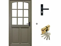 GD Menuiseries Puerta de entrada de madera esmaltada, Ady, Verde RAL7002, Al.215xl.90 p.izquierda + Tirador Y Cilindro (ref010723NO) Lateral de mesa sin manilla