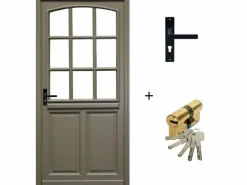 Outlet Puerta de entrada de madera acristalada, Ady, Verde RAL7002, Al.215xl.90 p. derecha + Mango Y Barril (ref010723NO) Dimensión mesa sin manilla Puerta De Entrada