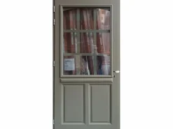 Outlet Puerta de entrada de madera acristalada, Ady, Verde RAL7002, Al.215xl.90 p. derecha + Mango Y Barril (ref010723NO) Dimensión mesa sin manilla Puerta De Entrada