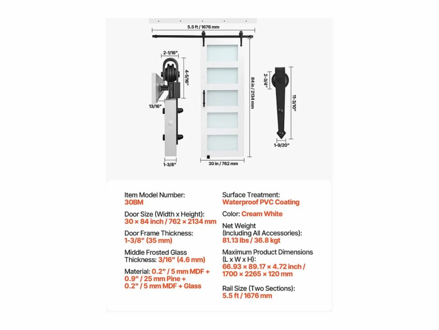 Puerta de Granero Corrediza SucceBuy, 76.2 x 213.4 cm, de Panel de MDF, Kit de Puerta Corrediza con Kit de Herrajes, Superficie de PVC Impermeable