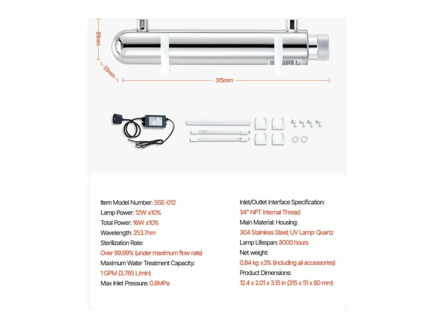 Purificador de Agua UV SucceBuy, Filtración Ultravioleta, Caudal de 3,785 l/min