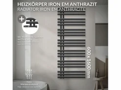 New Radiador de baño EM Iron 600x1600 mm Antracita Conexión central en la parte inferior Toallero Eléctrico