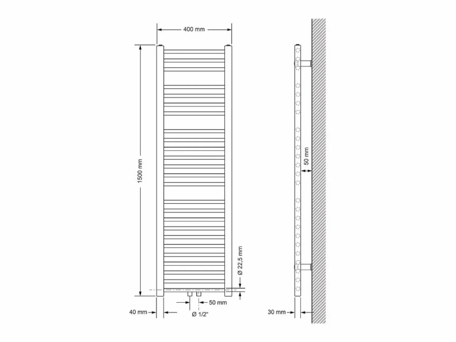 Discount LuxeBath Radiador de diseño no eléctrico Sahara, 400 x 1500 mm, color , conexión central Blanco