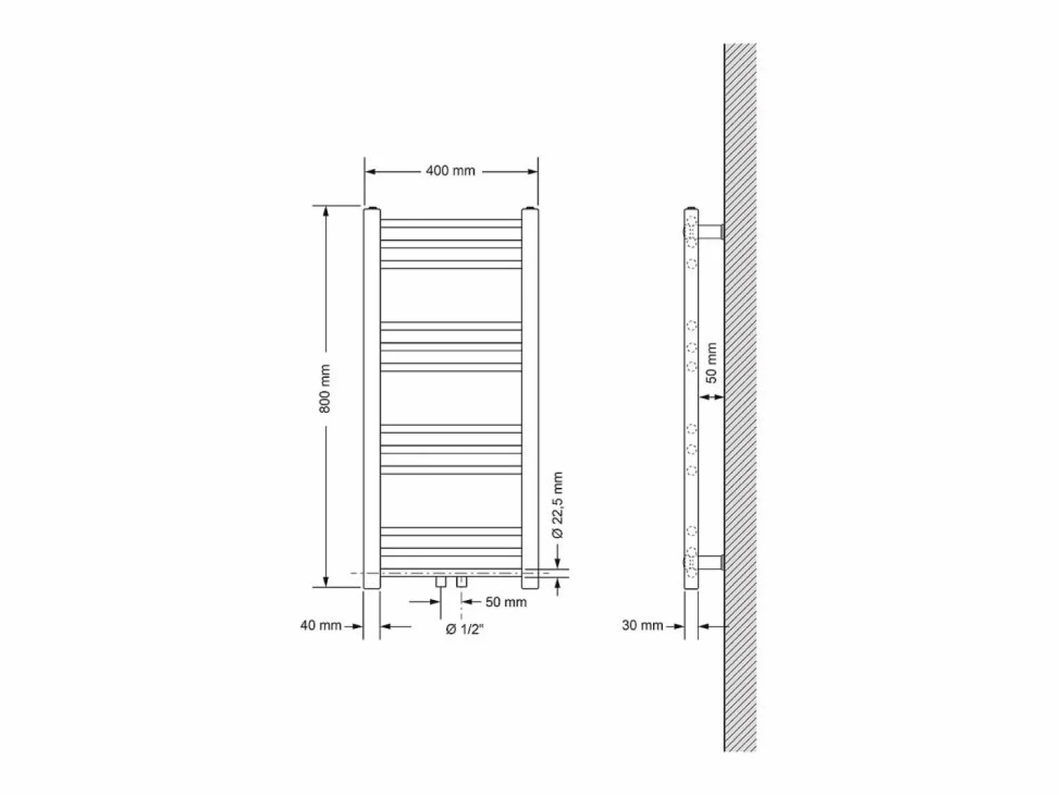 New Radiador de diseño no eléctrico Sahara, 400 x 800 mm, , conexión central Toallero Eléctrico