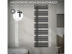 Discount LuxeBath Radiador toallero eléctrico antracita 500 x 1600 mm con elemento calefactor 900W Gris antracita