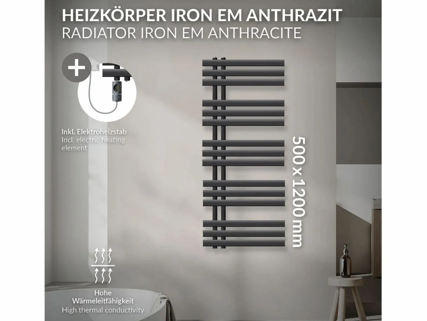 LuxeBath Radiador toallero eléctrico antracita 500 x 1200 mm con elemento calefactor 900W