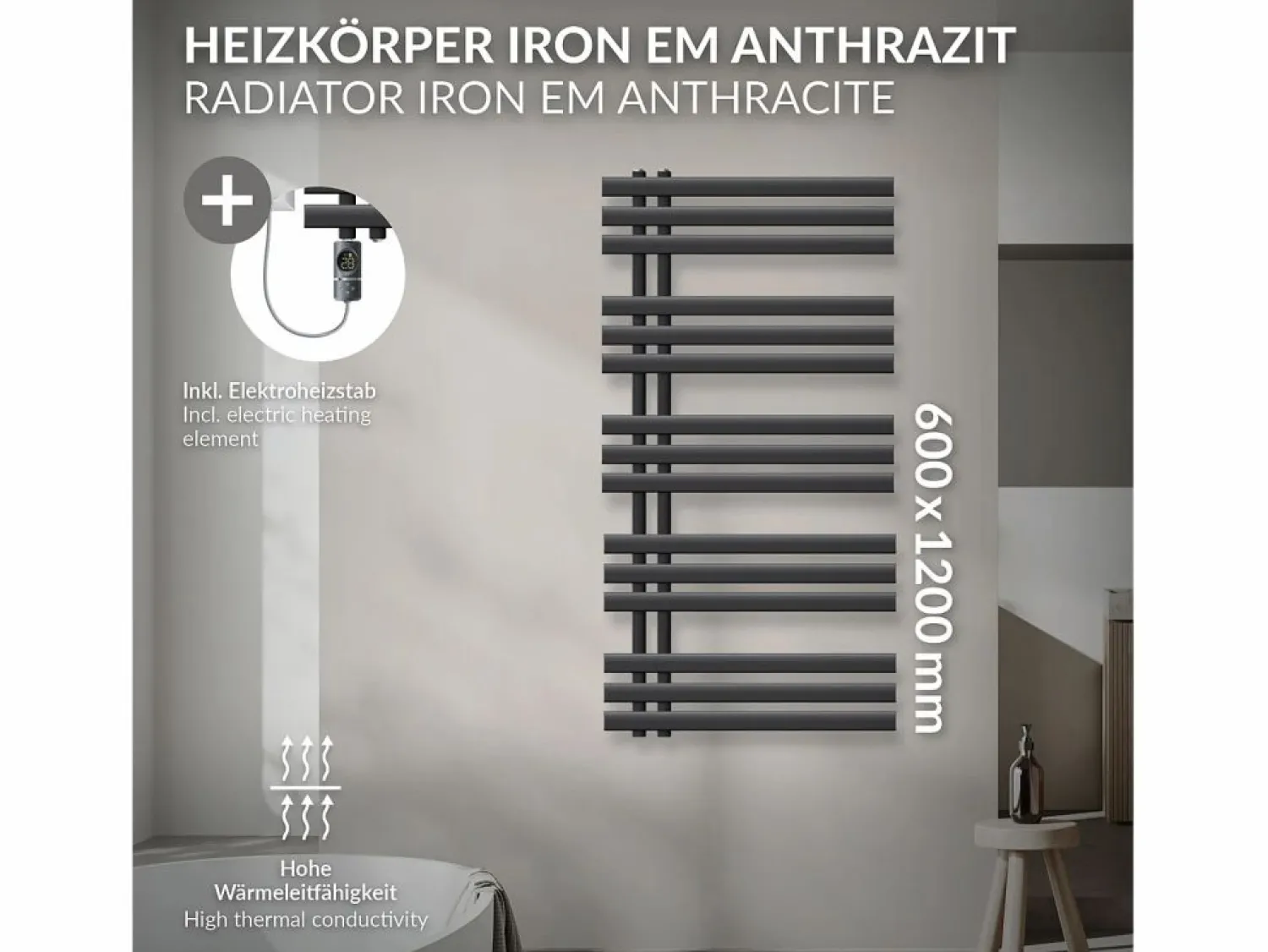 LuxeBath Radiador toallero eléctrico antracita 600 x 1200 mm con elemento calefactor 900W
