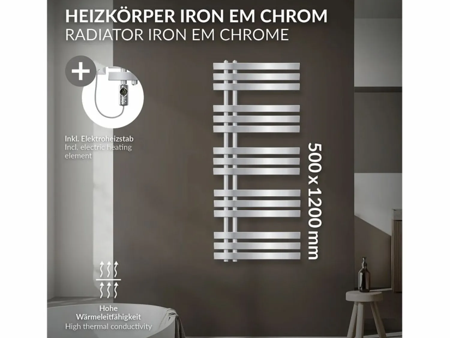 Best LuxeBath Radiador toallero eléctrico cromado 500 x 1200 mm con elemento calefactor 900W Plateado
