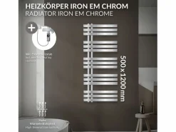 New Radiador toallero eléctrico cromado 500 x 1200 mm con elemento calefactor 1200W Toallero Eléctrico