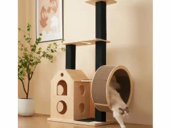Merax Árbol para gatos con rueda de ejercicio - 80 x 40 x 152 cm - con 4 plataformas + 2 casitas + alfombra rascadora - Madera - Natural
