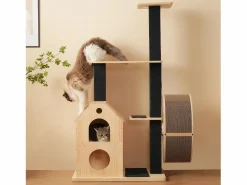 Merax Árbol para gatos con rueda de ejercicio - 80 x 40 x 152 cm - con 4 plataformas + 2 casitas + alfombra rascadora - Madera - Natural