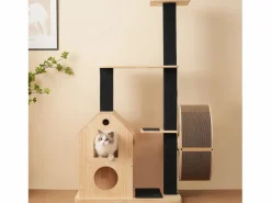 Merax Árbol para gatos con rueda de ejercicio - 80 x 40 x 152 cm - con 4 plataformas + 2 casitas + alfombra rascadora - Madera - Natural