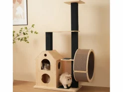 Merax Árbol para gatos con rueda de ejercicio - 80 x 40 x 152 cm - con 4 plataformas + 2 casitas + alfombra rascadora - Madera - Natural